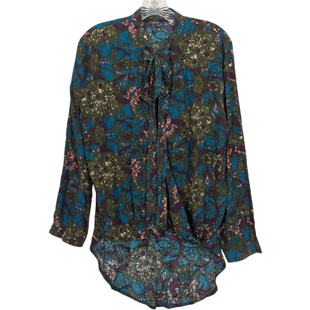 Knot Sisters Top Size Small Green Blue‎ High low Floral Tie Neck V Neck
